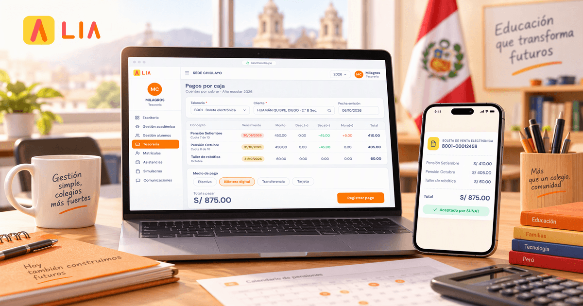 Pantalla de pagos por caja de LIA en una laptop y una boleta de venta electrónica aceptada por SUNAT en un celular