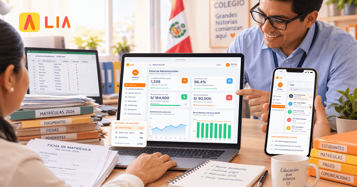 Secretaria y directivo revisan matrícula escolar digital en laptop y celular, con espacio para el logo LIA arriba a la izquierda.